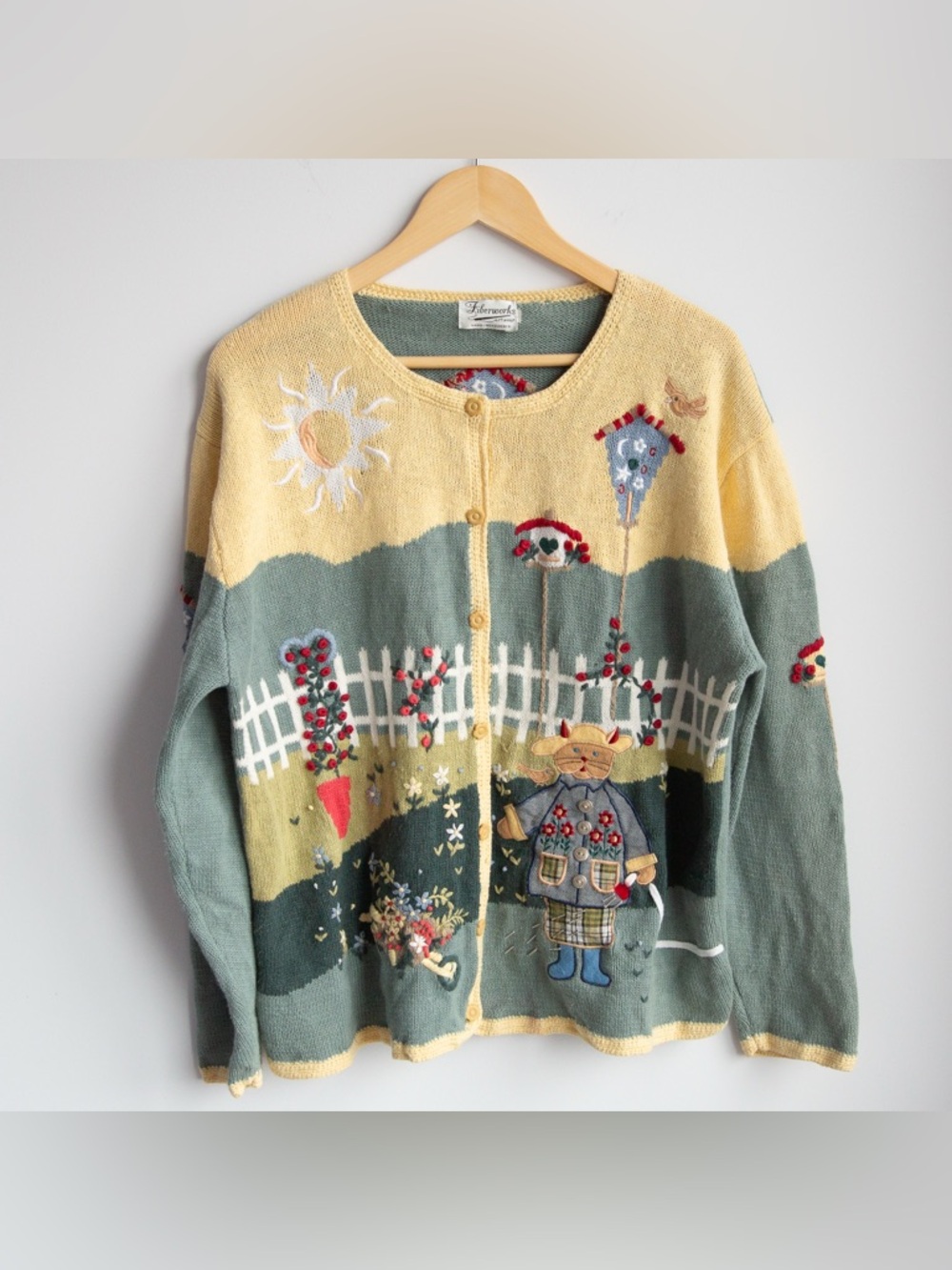 Vintage Fiberworks Artwear Hand Embroidered Cottage Cardigan Folk Art Sweater